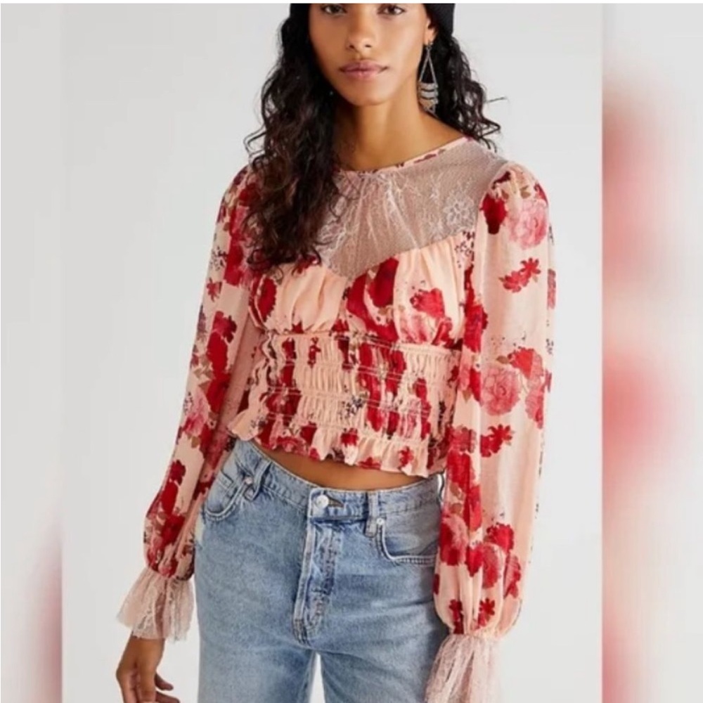 Free People Long Sheer Lace Sleeve Daphne Blouse in Romantic Combo